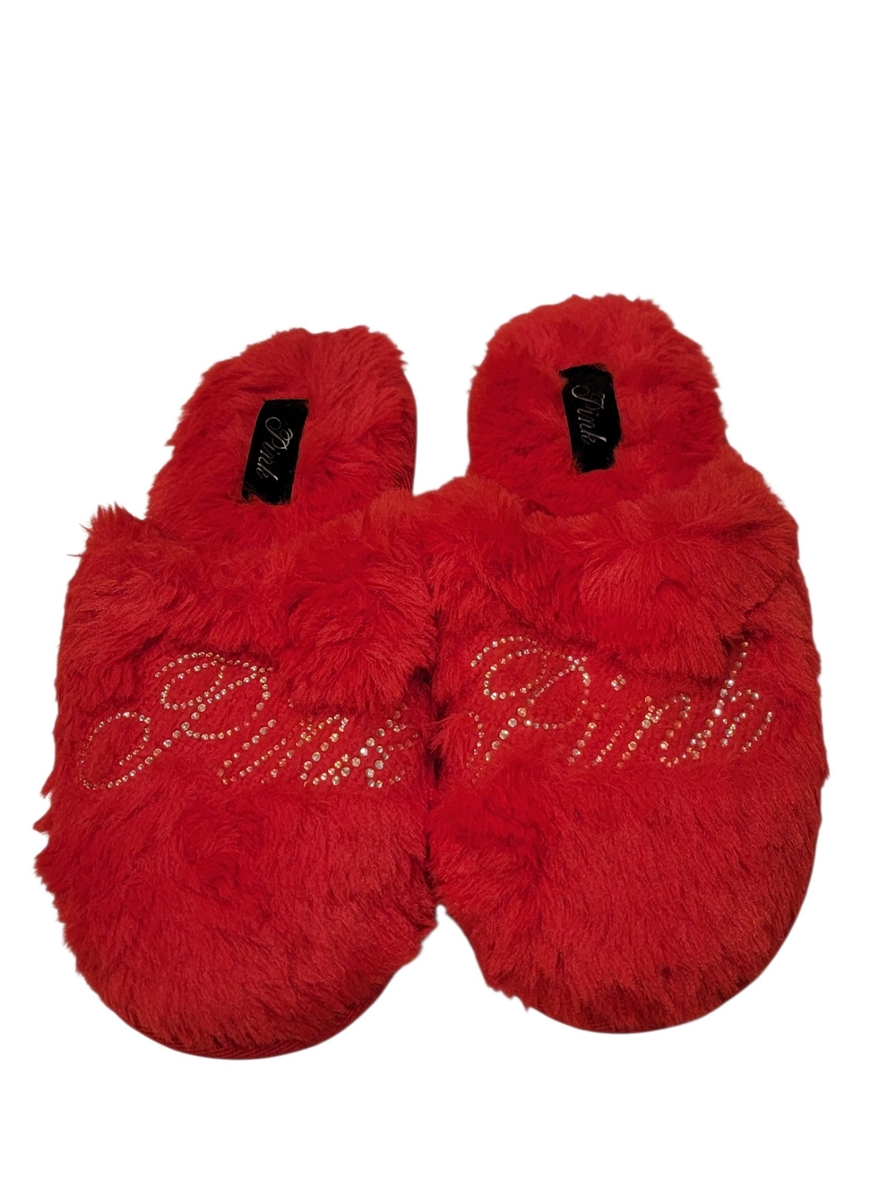 NWOT VS PINK Red Faux Fur Slip-On Slippers with Crystal 'Pink' Script Small